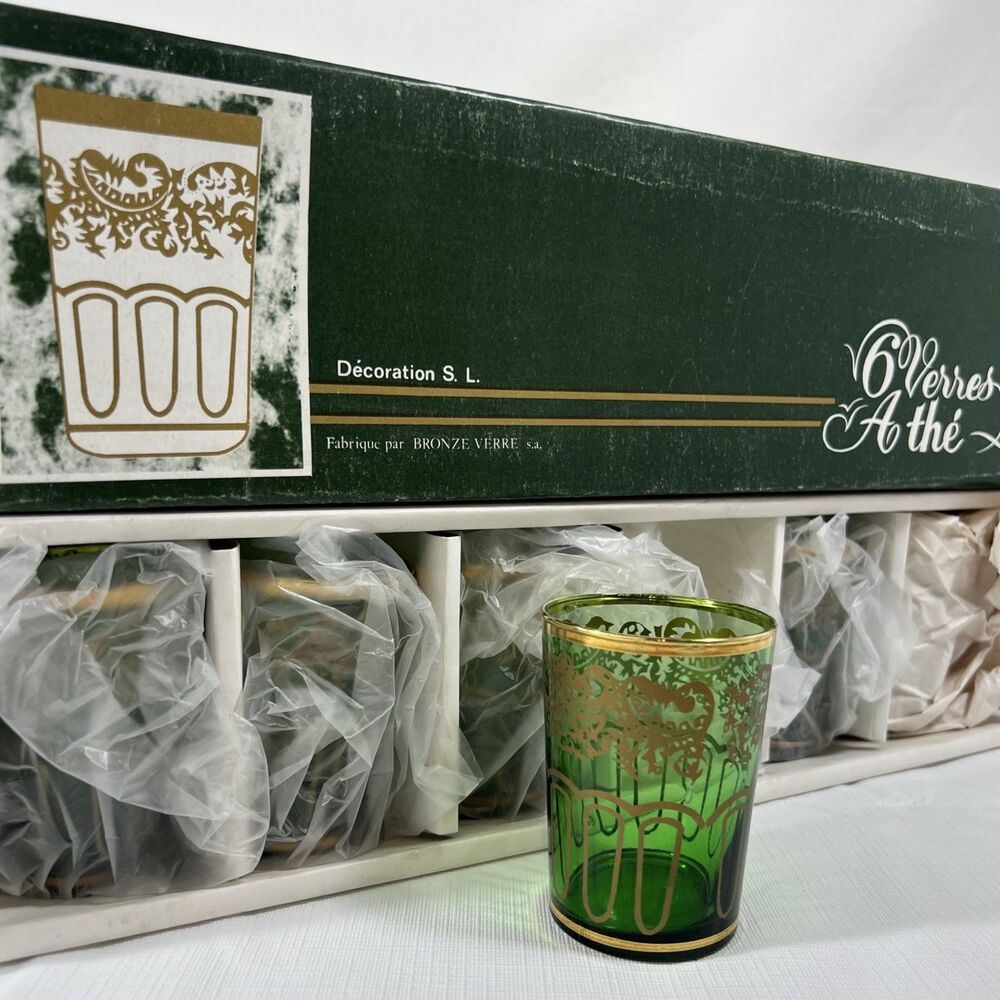 Vintage - 6 Emerald Green Moroccan Tea Glass Set • Gold Filigree - NEW - Picture 7 of 7
